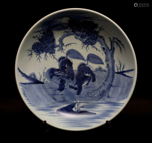 The picture of the blue and white double lions of Yongzheng in the Qing Dynasty