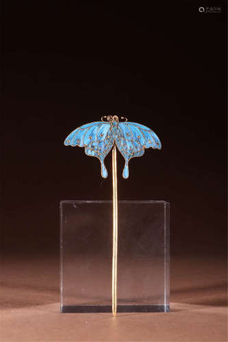 Qing Dynasty Silver Bowl Golden spot Cui Butterfly hairpin