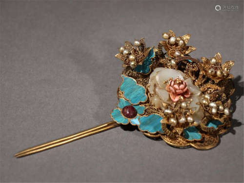 Silver gilded hair hairpin with silk point in Qing Dynasty