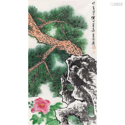 谢稚柳 戊辰（1988年）作 竹石芙蓉 软片 设色纸本