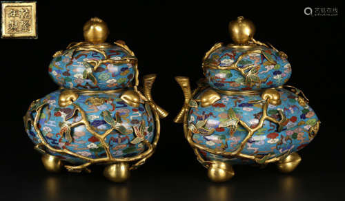 PAIR OF CLOISONNE CENSER SHAPED WITH GOURD