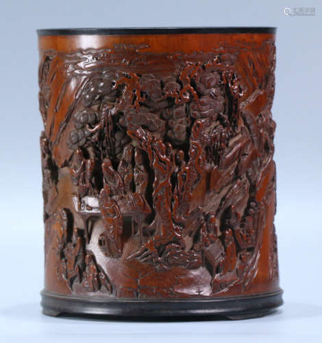 A BAMBOO BRUSH POT CARVED WITH STORY