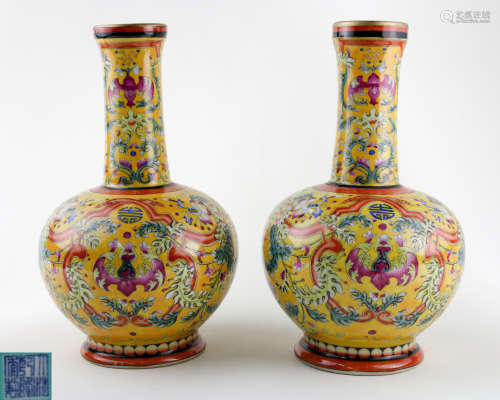 PAIR OF YELLOW GLAZE VASES WITH QIANLONG MARK