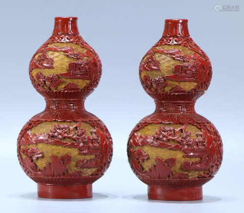 PAIR OF RED LACQUER GOURD VASE CARVED WITH LANDSCAPE PATTERN