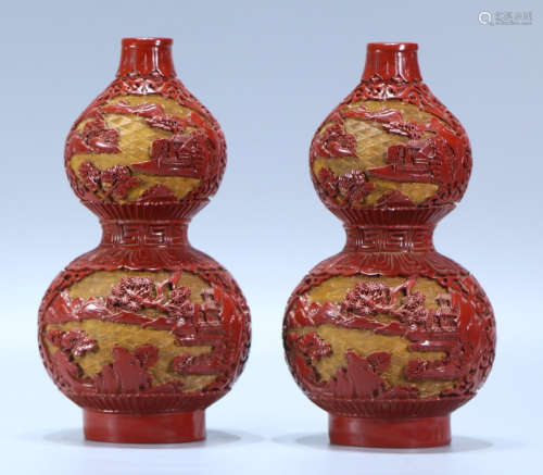 PAIR OF RED LACQUER GOURD VASE CARVED WITH LANDSCAPE PATTERN