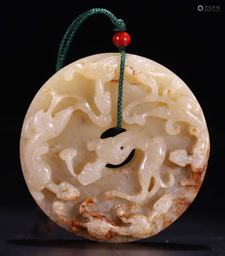 AN OLD HETIAN JADE BI CARVED WITH DRAGON