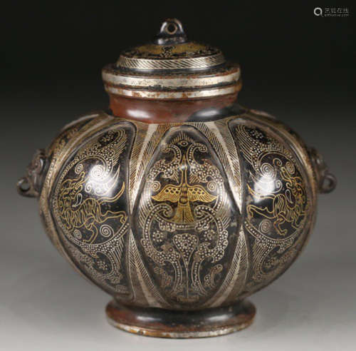 A COPPER WITH GOLD&SILVER JAR