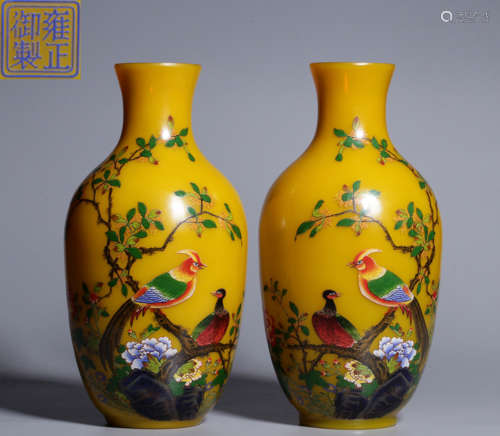 PAIR OF YELLOW GLASS CARVED VASE