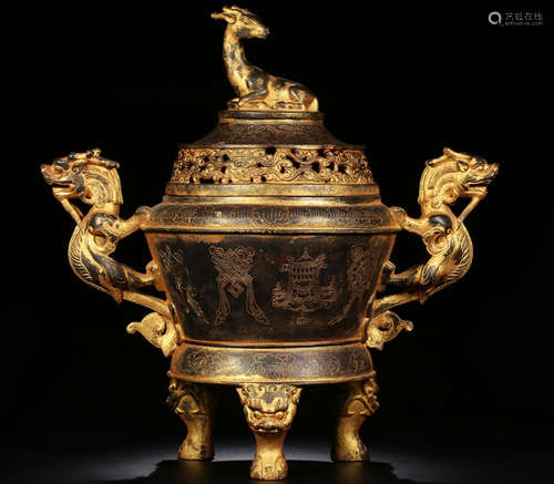 A GILT BRONZE CASTED TRIPOD CENSER