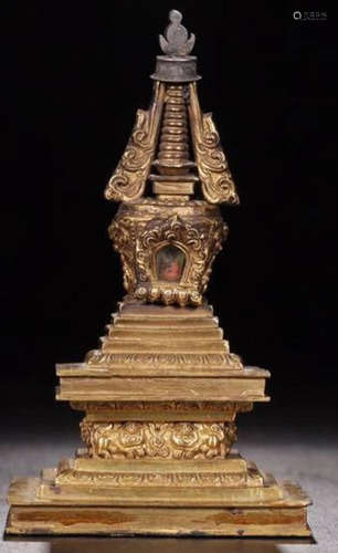 A TIBETAN GILT BRONZE CASTED PAGODA