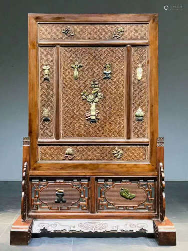 A HUALI WOOD CARVED SCREEN WITH GEM DECORATED