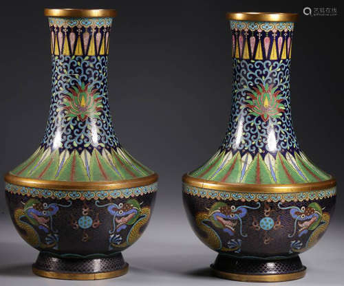 PAIR OF CLOISONNE DRAGON PATTERN VASES