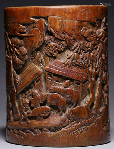 A BAMBOO CARVED FIGURE PATTERN BRUSH POT