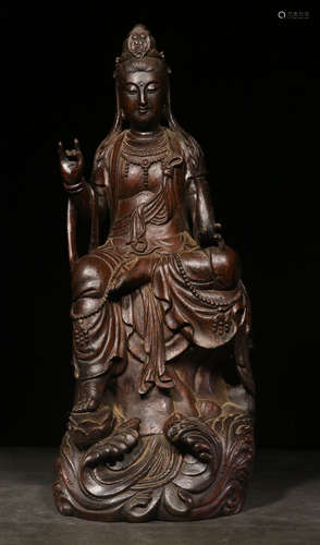 A BAMBOO CARVED GUANYIN BUDDHA STATUE