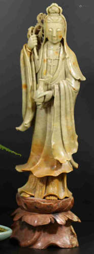 A BLUE STONE CARVED GUANYIN BUDDHA STATUE