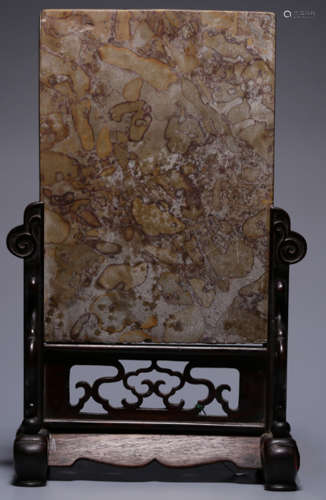 A LIUYE STONE SCREEN WITH RED WOOD BASE
