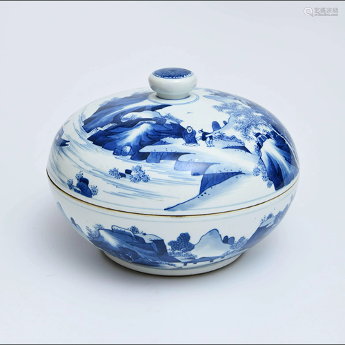 A Chinese Blue and White Landscape Porcelain Bo…