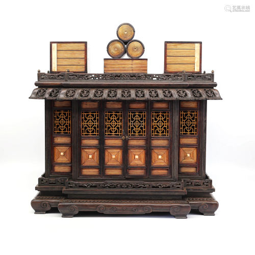 A Chinese Red Sandalwood Carved pavilion …