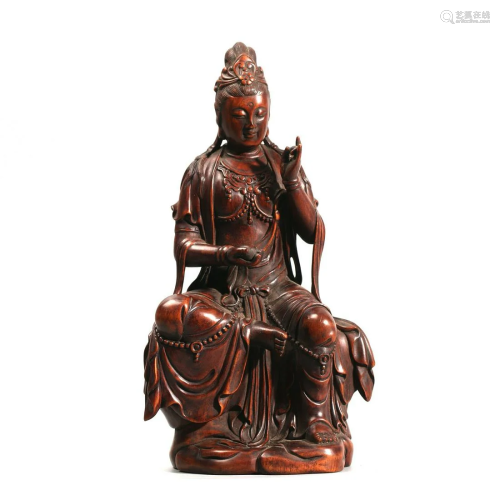 A Chinese Rosewood Carved Guanyin Seated Statue