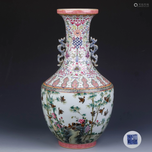 A Chinese Birds Painted Porcelain Double Ears Vase