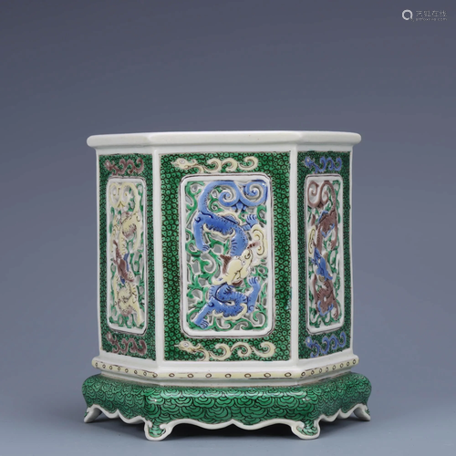 A Chinese Green Porcelain Hexagon Brush Pot