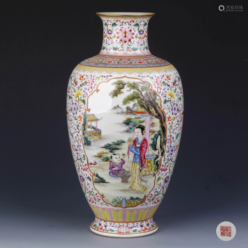 A Chinese Floral Figure Painted Porcelain Guanyin Vase