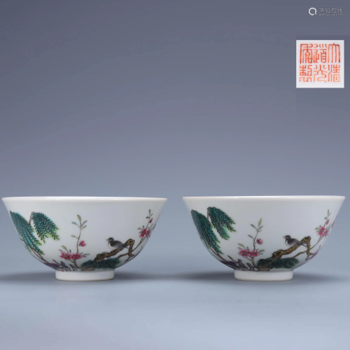 A Pair of Chinese Famille Rose Flower&Bird Pattern