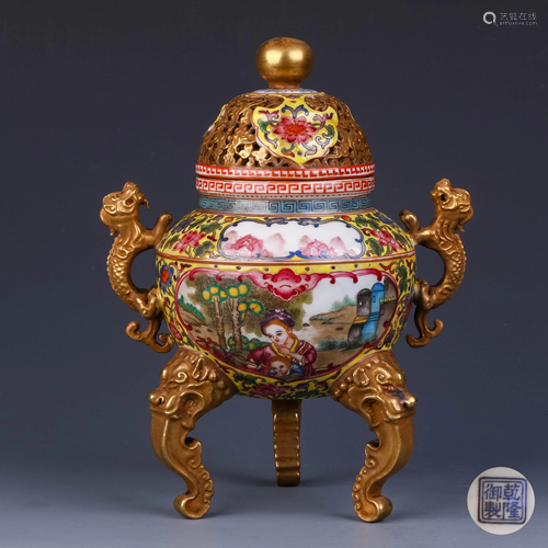 A Chinese Three-legged Painted Porcelain Incense Burner