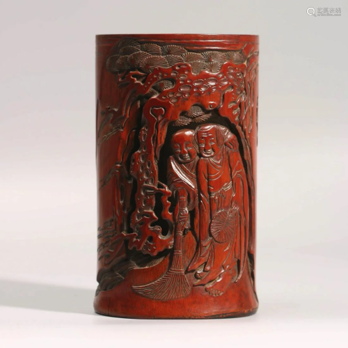 A Chinese Figure Painted Bamboo Carved Bi Ge