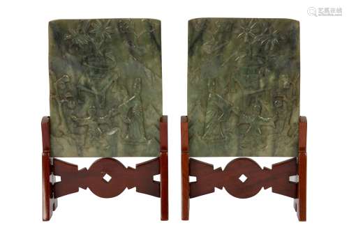A PAIR OF CHINESE JADE 'LADY AND BOY ' TABLE SCREENS.