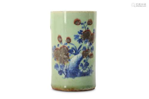 A CHINESE UNDERGLAZE BLUE AND RED CELADON-GROUND BRUSHPOT, BITONG.