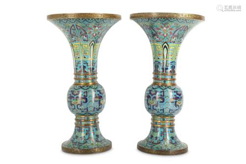 A PAIR OF CHINESE CLOISONNE ENAMEL VASES, GU.