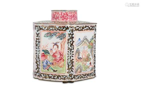 A CHINESE FAMILLE ROSE CANTON ENAMEL TEA CADDY.