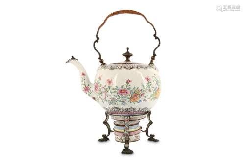 A CHINESE FAMILLE ROSE CANTON ENAMEL KETTLE, COVER AND STAND.