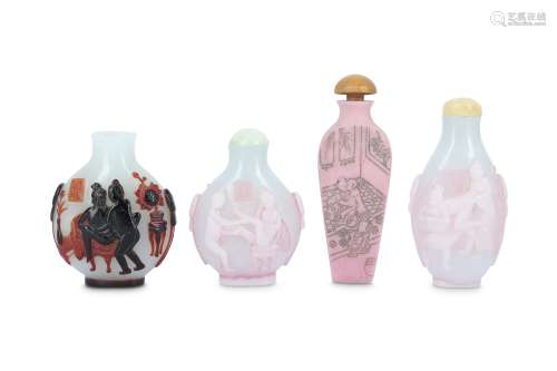 FOUR CHINESE GLASS 'EROTIC' SNUFF BOTTLES.