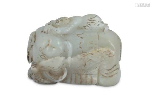 A CHINESE PALE CELADON JADE CARVING OF A BOY AND AN ELEPHANT.
