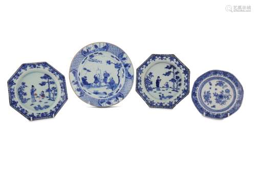 FOUR CHINESE BLUE AND WHITE DISHES.