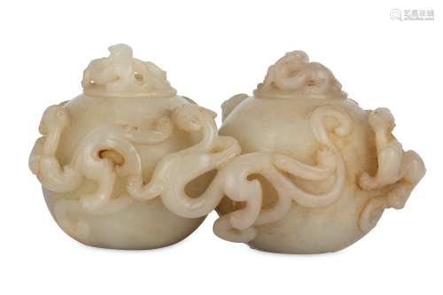 A CHINESE CREAM JADE TWIN 'CHILONG' BOX AND COVERS.