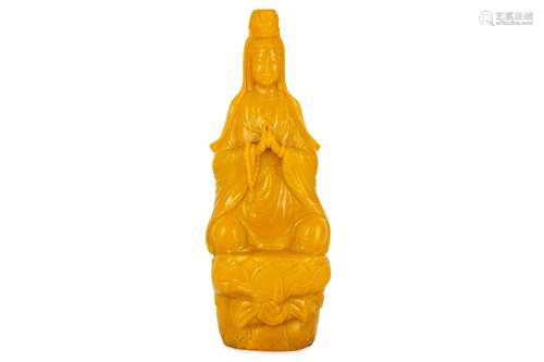 A CHINESE BEIJING YELLOW GLASS FIGURE OF GUANYIN.