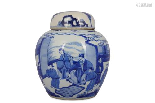 A CHINESE BLUE AND WHITE FIGURATIVE JAR AND COVER.