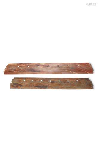 TWO LARGE CHINESE RUSSET JADE CEREMONIAL BLADES.
