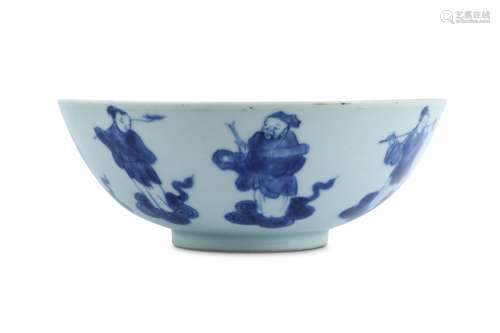 A CHINESE BLUE AND WHITE 'IMMORTALS' BOWL.