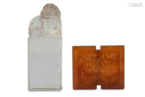 A CHINESE YELLOW JADE PLAQUE AND A CRYSTAL SEAL.