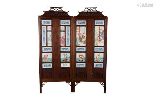 A CHINESE FAMILLE ROSE TWO-FOLD SCREEN.