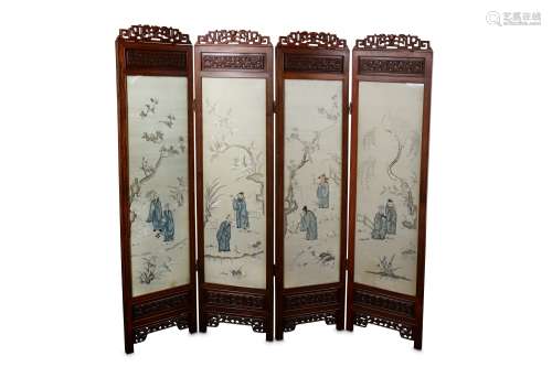 A CHINESE EMBROIDERED FOUR-PANEL 'SCHOLARS' SCREEN.
