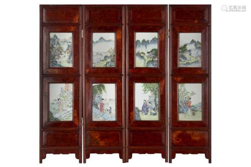 A CHINESE FAMILLE ROSE BURLWOOD FOUR-FOLD SCREEN.