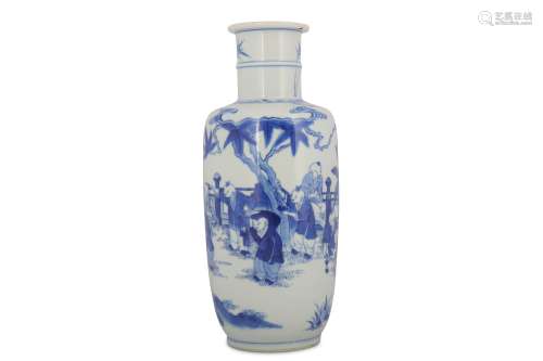 A CHINESE BLUE AND WHITE ROULEAU 'BOYS' VASE.