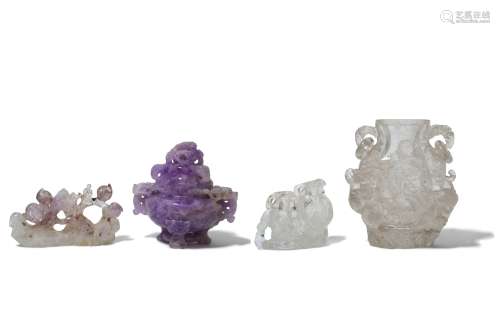 A COLLECTION OF AMETHYST AND ROCK CRYSTAL CARVINGS.