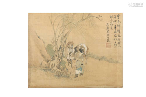 A CHINESE PAINTING OF A TRAVELLER AND HIS HORSE.