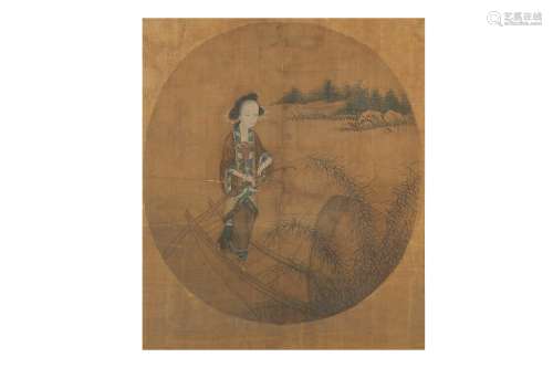 A CHINESE OVAL PAINTING OF A LADY ON A SAMPAN.